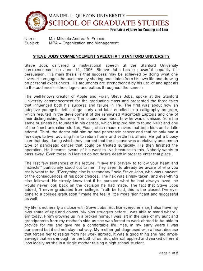 1 Steve Jobs Commencement Speech at Stanford University PDF Steve