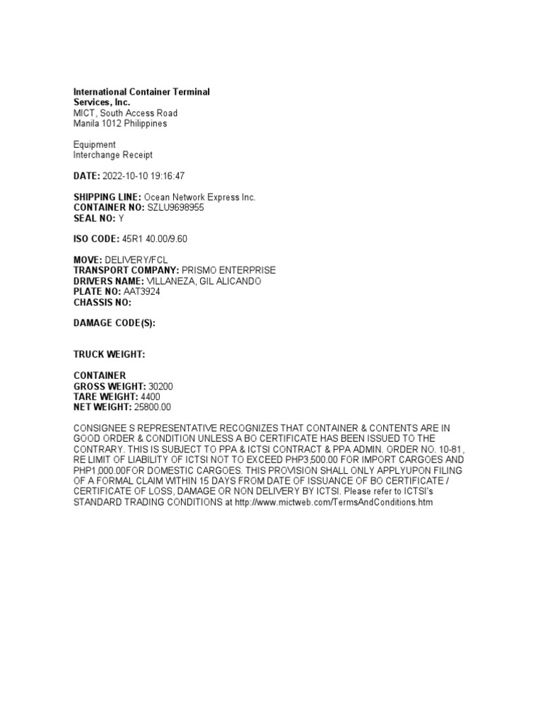 Equipment Interchange Receipt Documenting Delivery of Container from International Container