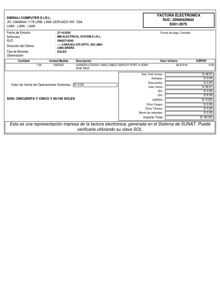 Factura 2879 MM ELECTRICAL SYSTEM E.I.R.L. PDF Pagos Dinero