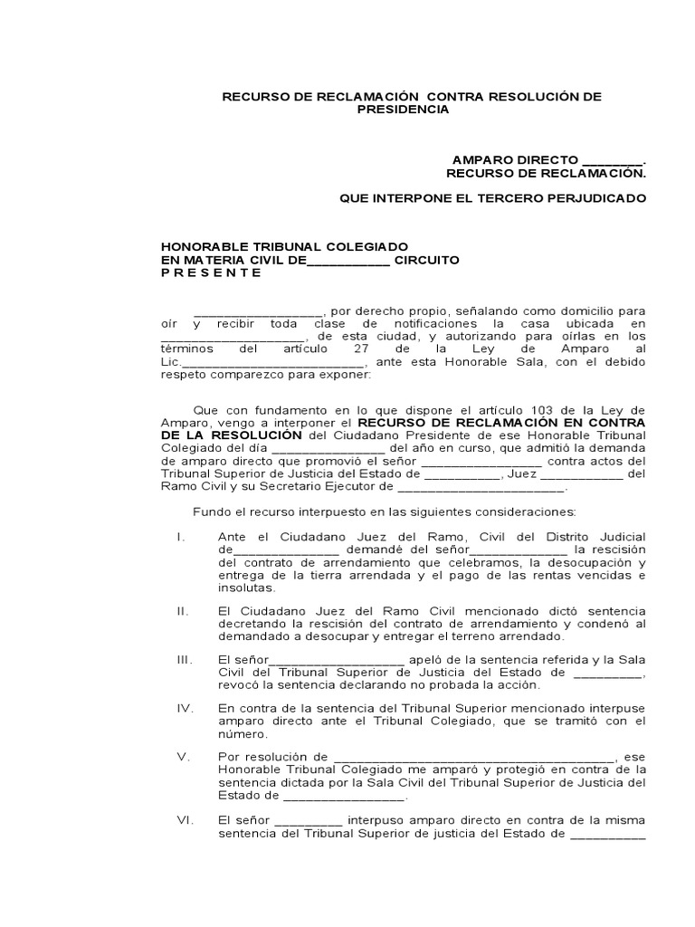 Recurso de Reclamación en Amparo Directo | PDF | Sentencia (ley ...