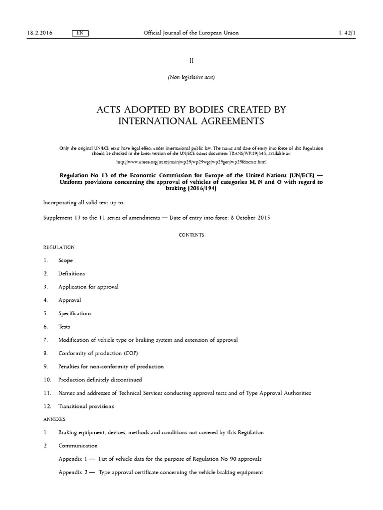 UNECE Regulation 13 on Vehicle Braking | PDF | Trailer (Vehicle) | Brake