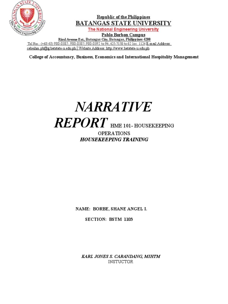 Housekeeping Training Narrative Report Format Download Free PDF
