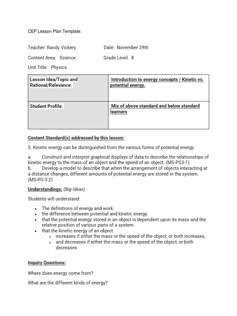 Relationship Between Kinetic Energy, Mass, and Speed - Student Lesson  Outline