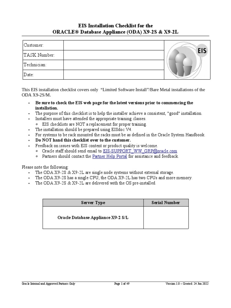EIS Installation Checklist For The ORACLE® Database Appliance (ODA) X9