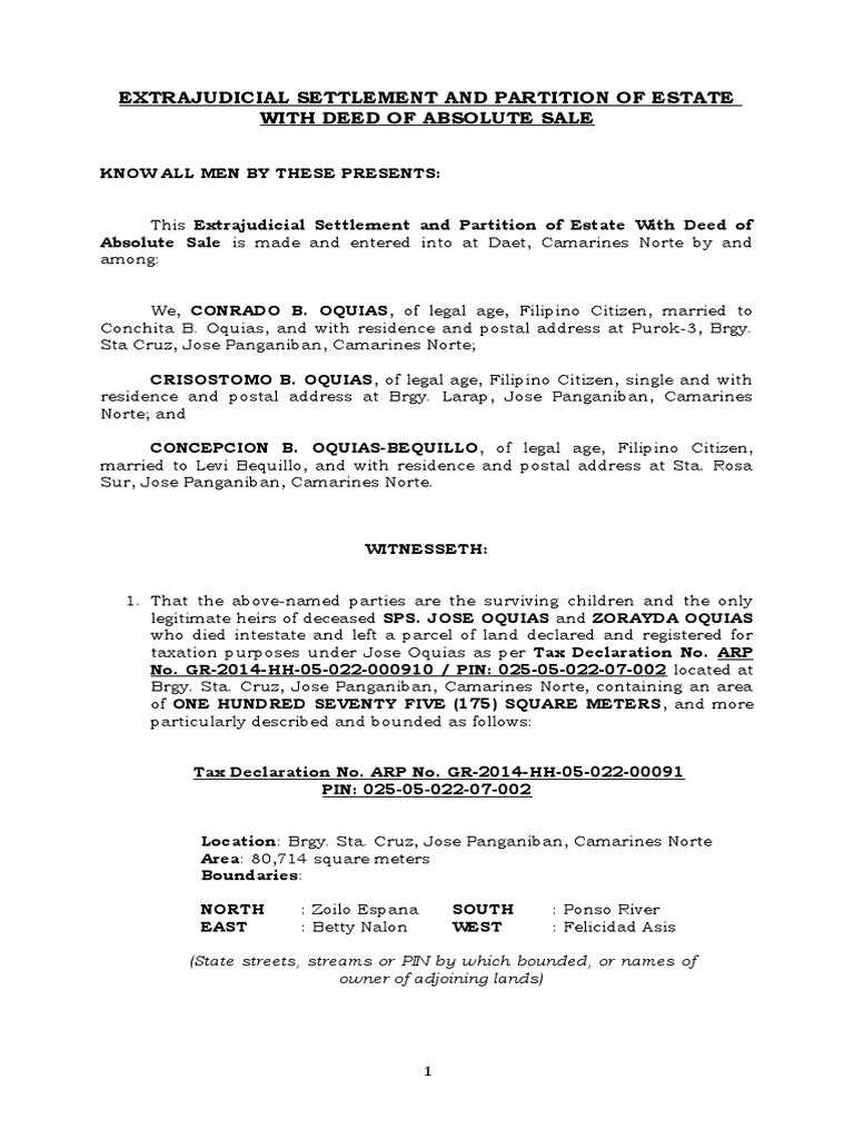 Extrajudicial Settlement & Sale of Estate | PDF | Deed | Civil Law ...