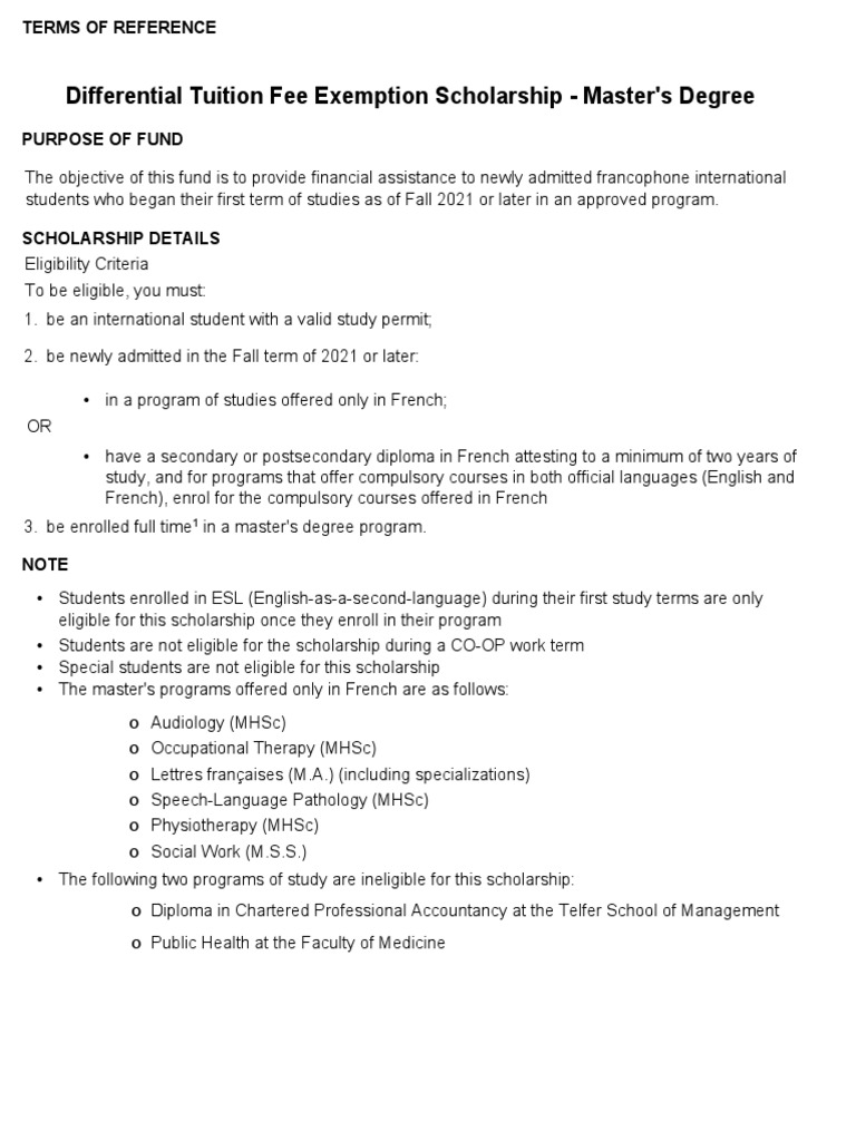 Differential Tuition Fee Exemption Scholarship Master's Degree PDF Master's Degree