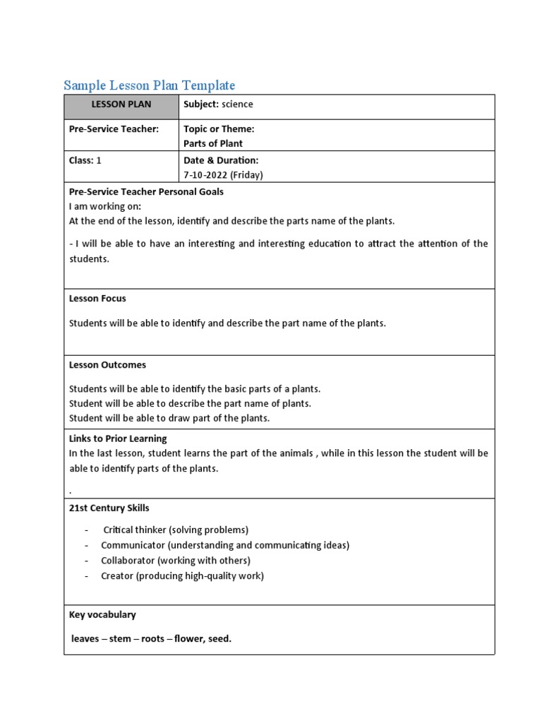 Lesson Plan: Parts of Plants for Kids | PDF | Educational Assessment ...