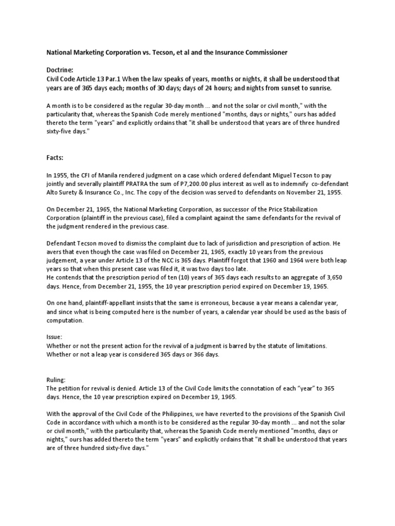 National marketing corporation vs tecson et al and the insurance