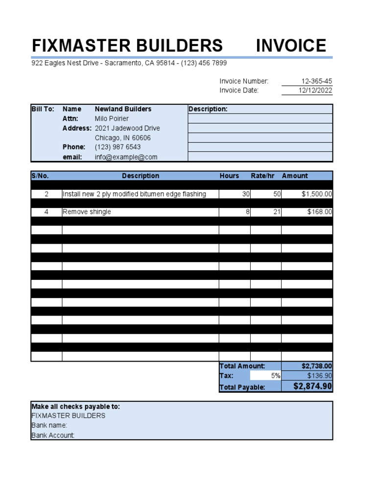 Hourly Roofing Service Invoice PDF
