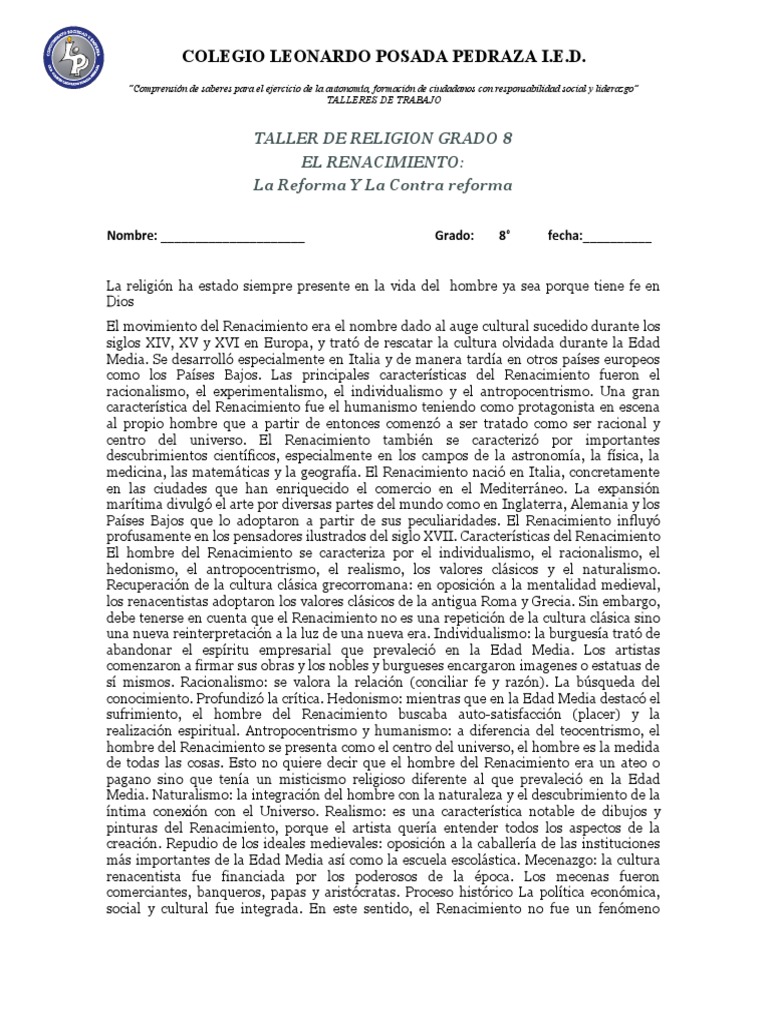 Taller de Religion Grado 8.docx2 | PDF | Renacimiento | Iglesia Católica