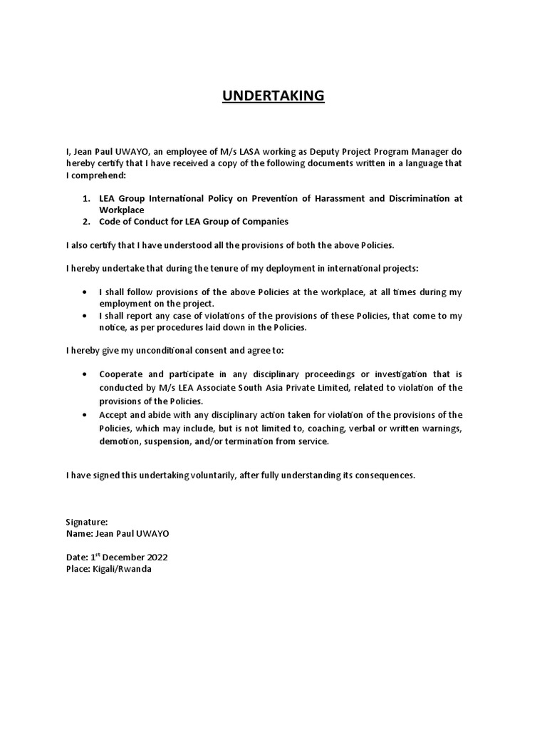EMPLOYEE UNDERTAKINGRegular PDF