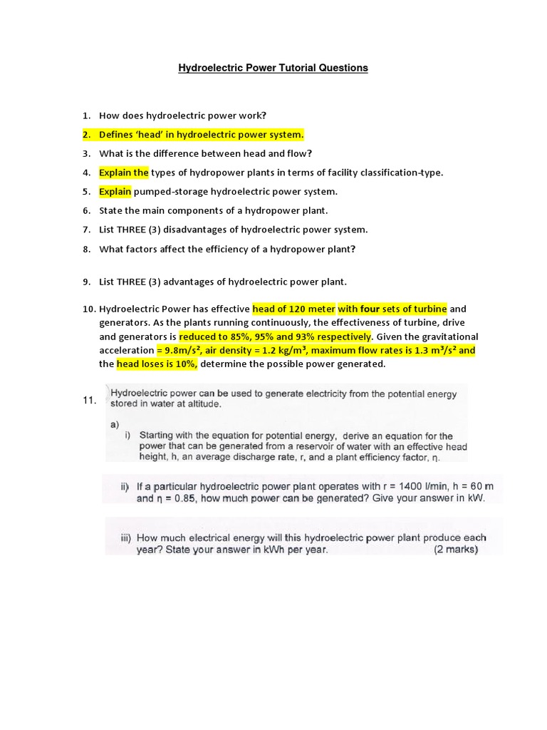 Hydroelectric Power Tutorial Question Updated Answer PDF Hydroelectricity Power Station
