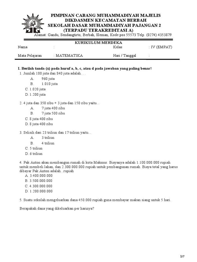 Soal Sumatif Matematika Kelas 4 Semester 1 | PDF | Metode & Bahan Ajar ...