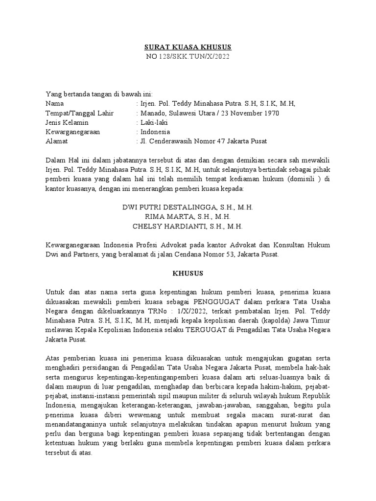 Contoh Surat Kuasa Khusus | PDF