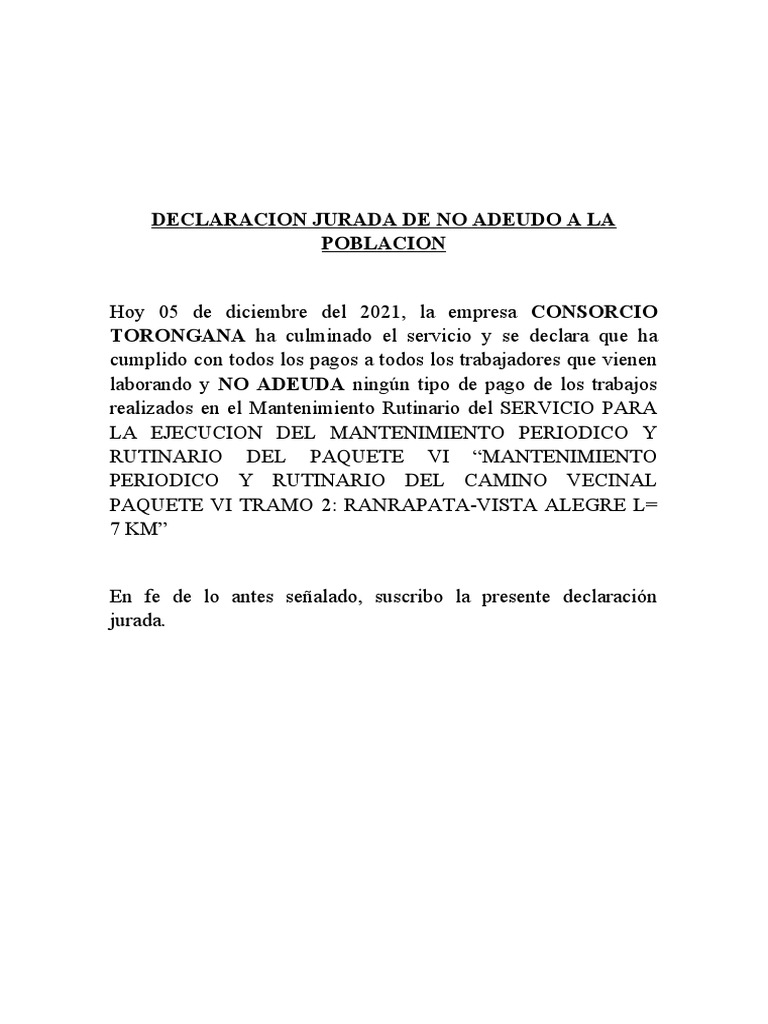 Declaración Jurada de No Adeudo | PDF | Finanzas y dinero | Hogar ...