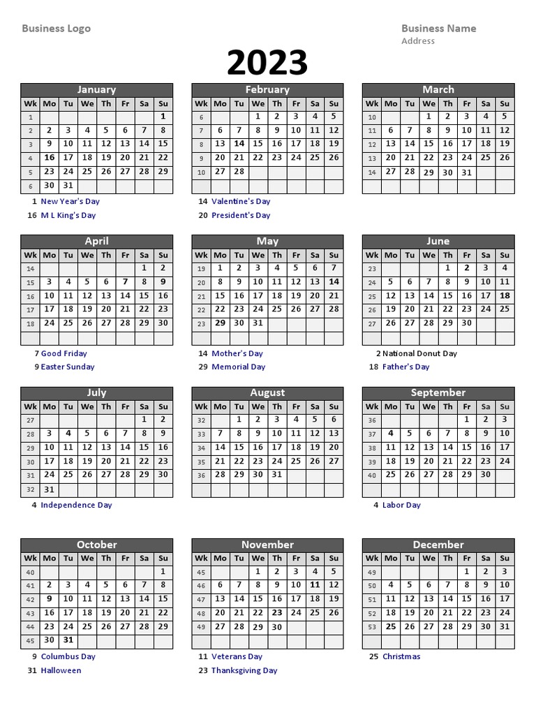 2023 Yearly Business Calendar Week No 05 | PDF | Liturgical Calendar ...