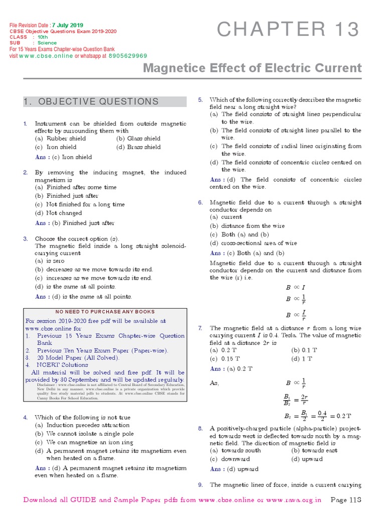 Magnetic Effects of Electric Current MCQs | PDF | Magnetic Field ...