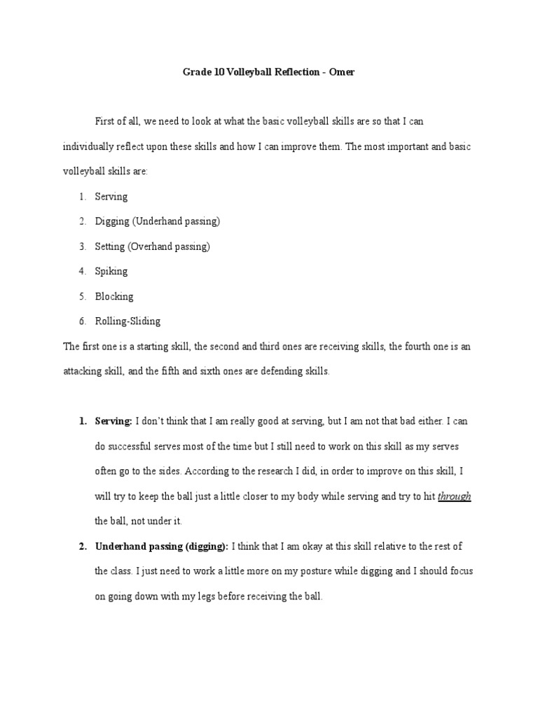 Grade 10 Volleyball Reflection Omer PDF Volleyball Sports