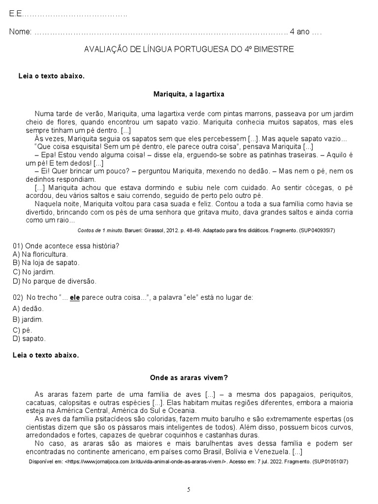 Avaliação de Língua Portuguesa para o 4 Ano. | PDF | Papagaio | Vitamina