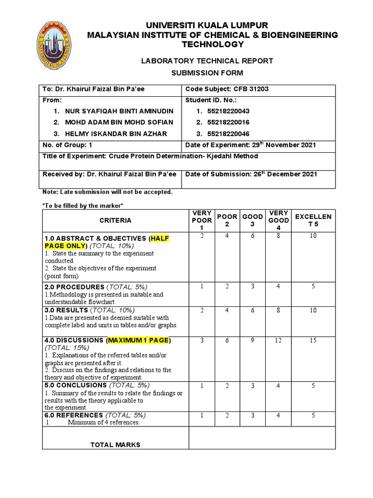 Lab Report Crude Protein DeterminationKjeldahl Method PDF Chemistry Physical Sciences