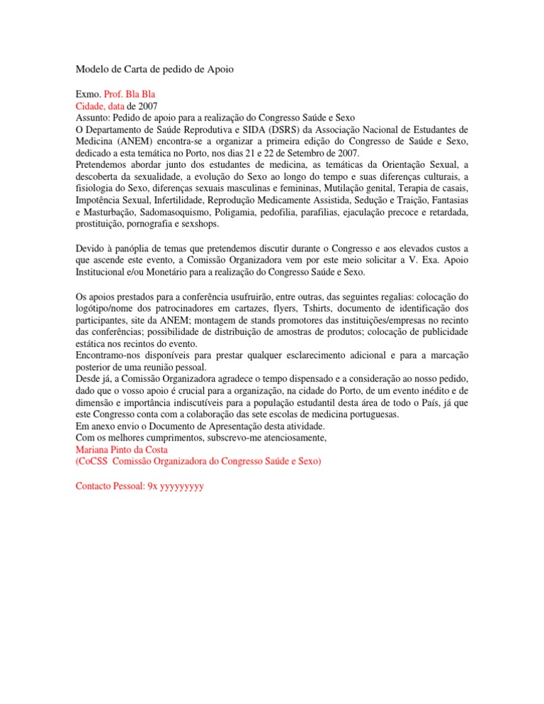 Modelo de Carta de Pedido de Apoio  Relação Sexual  Saúde Sexual