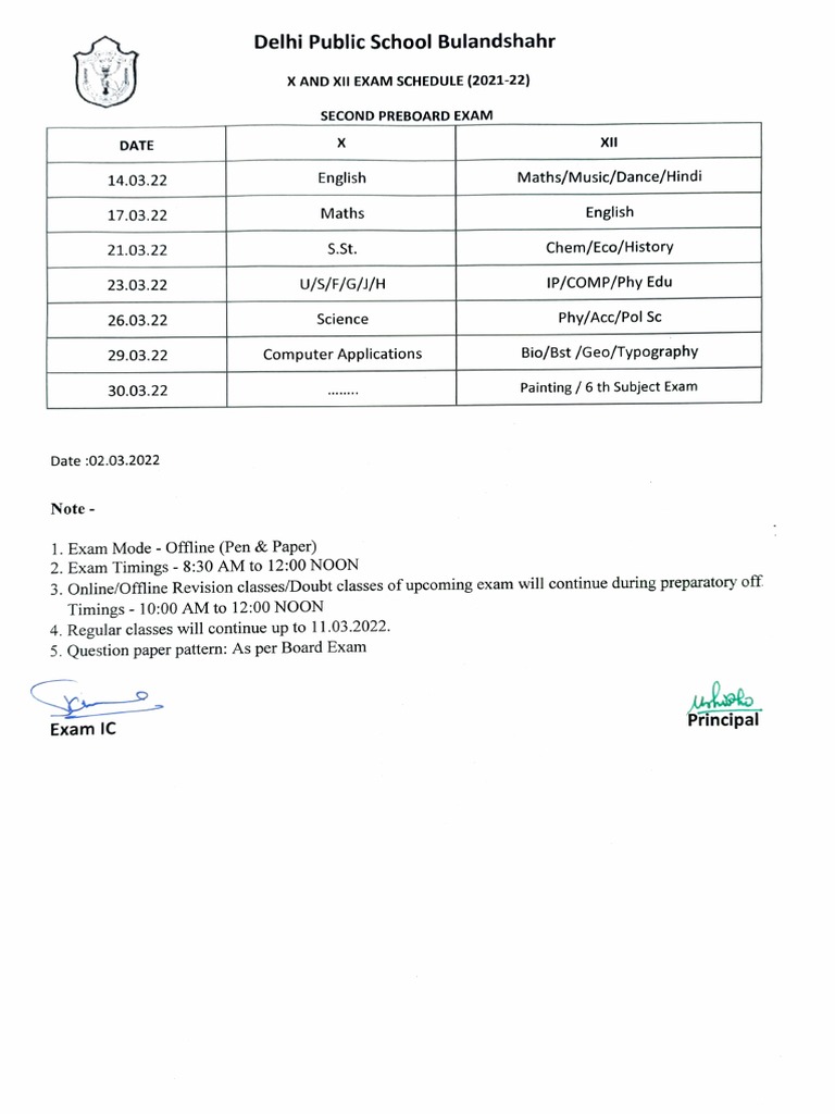 DPS Bulandshahr Preboard Exam Schedule | PDF