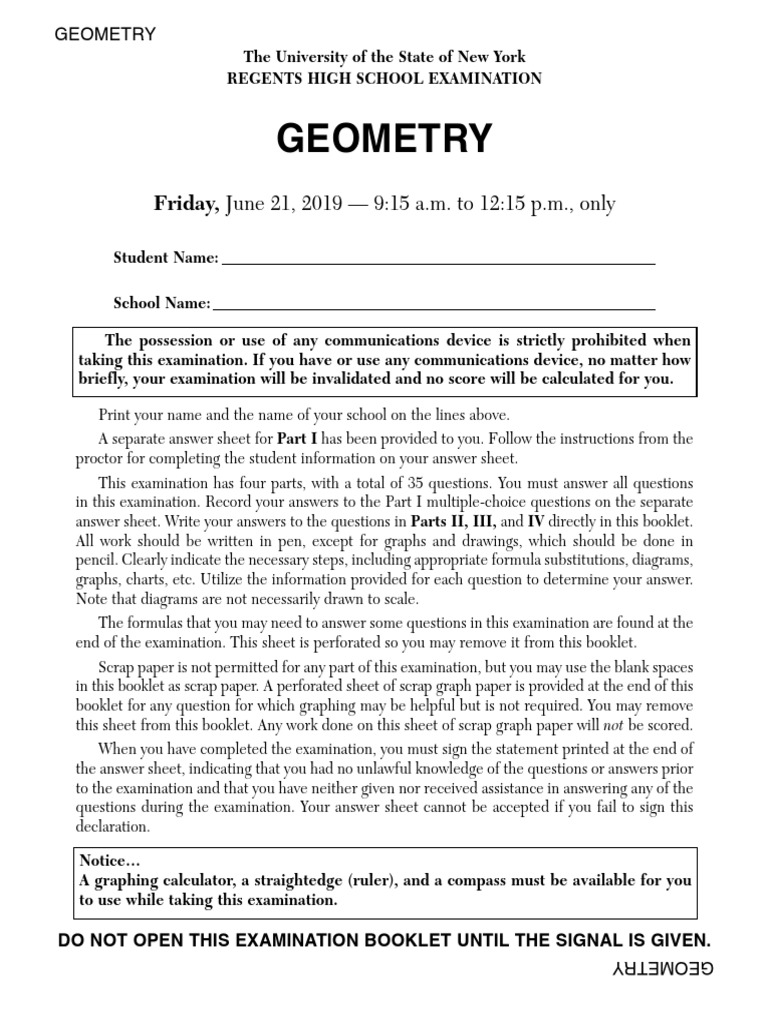 Geometry Regents June 2019 PDF Perpendicular Triangle