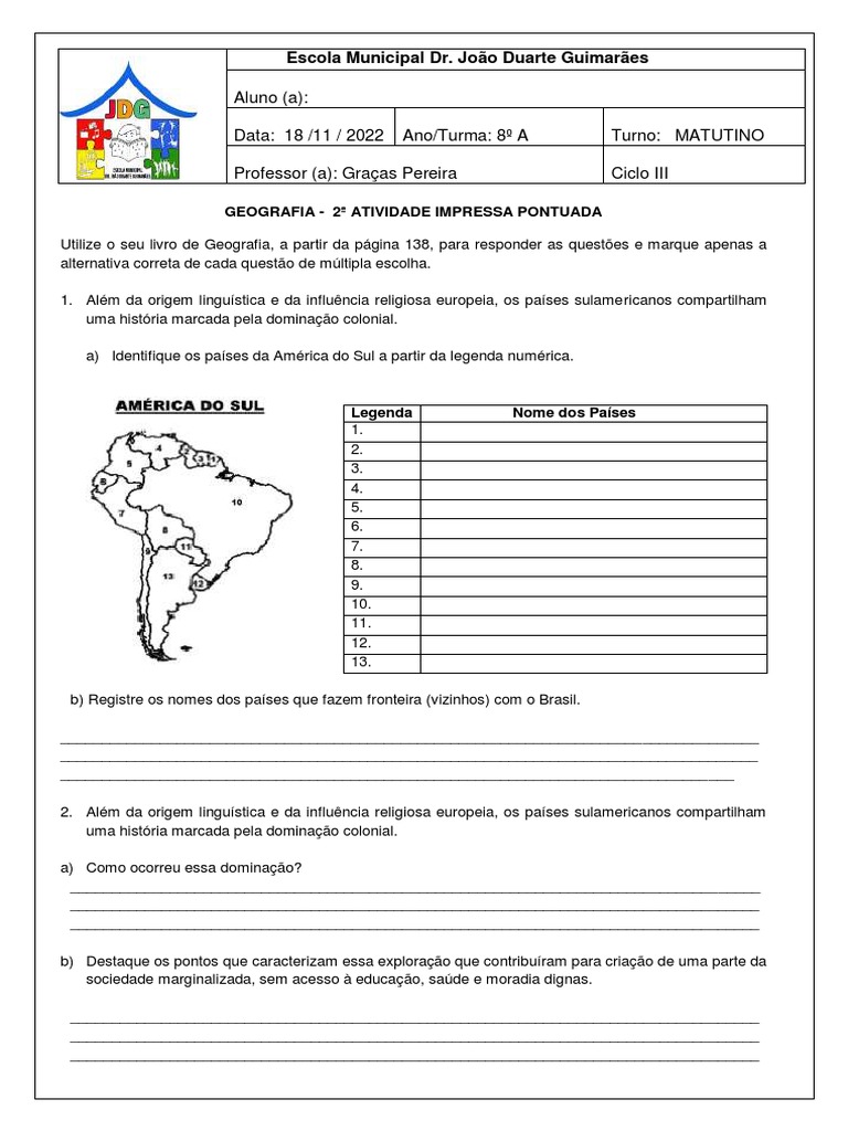 Exercícios De Geografia Sobre A América Do Sul – EMZLS