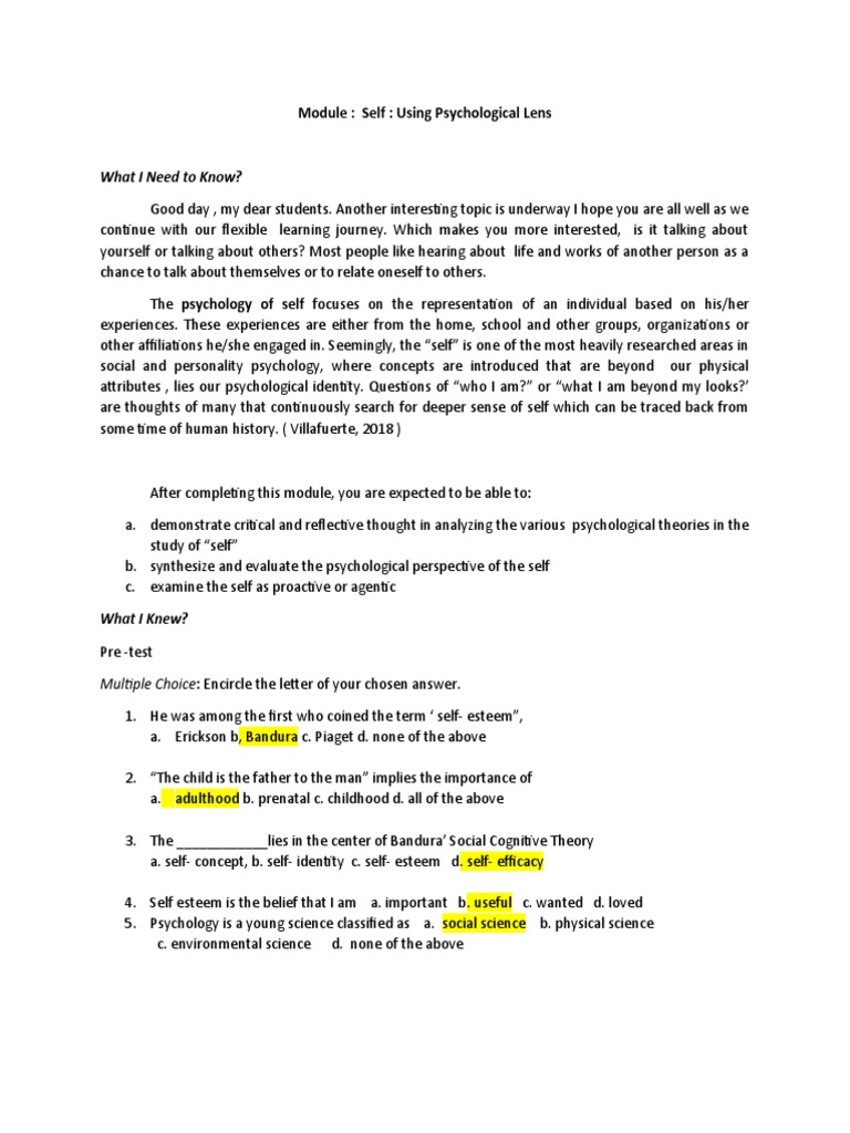 Self From The Psychological Lens PDF Self Thought