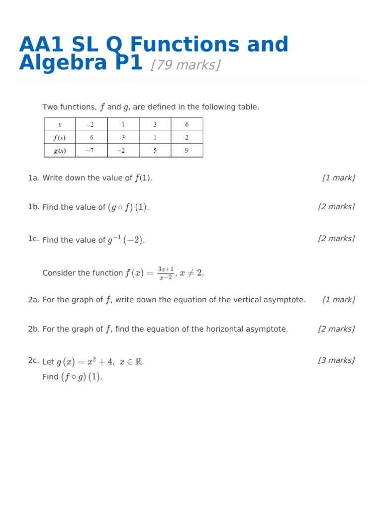 AA1 SL Q Functions and Algebra P1 | PDF | Mathematical Objects ...
