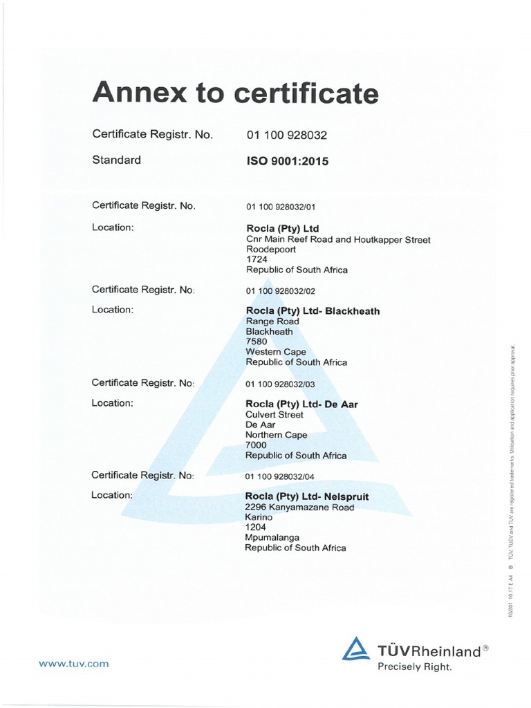 Rocla ISO9001.2015 Certificate Annexes Rev01 | PDF