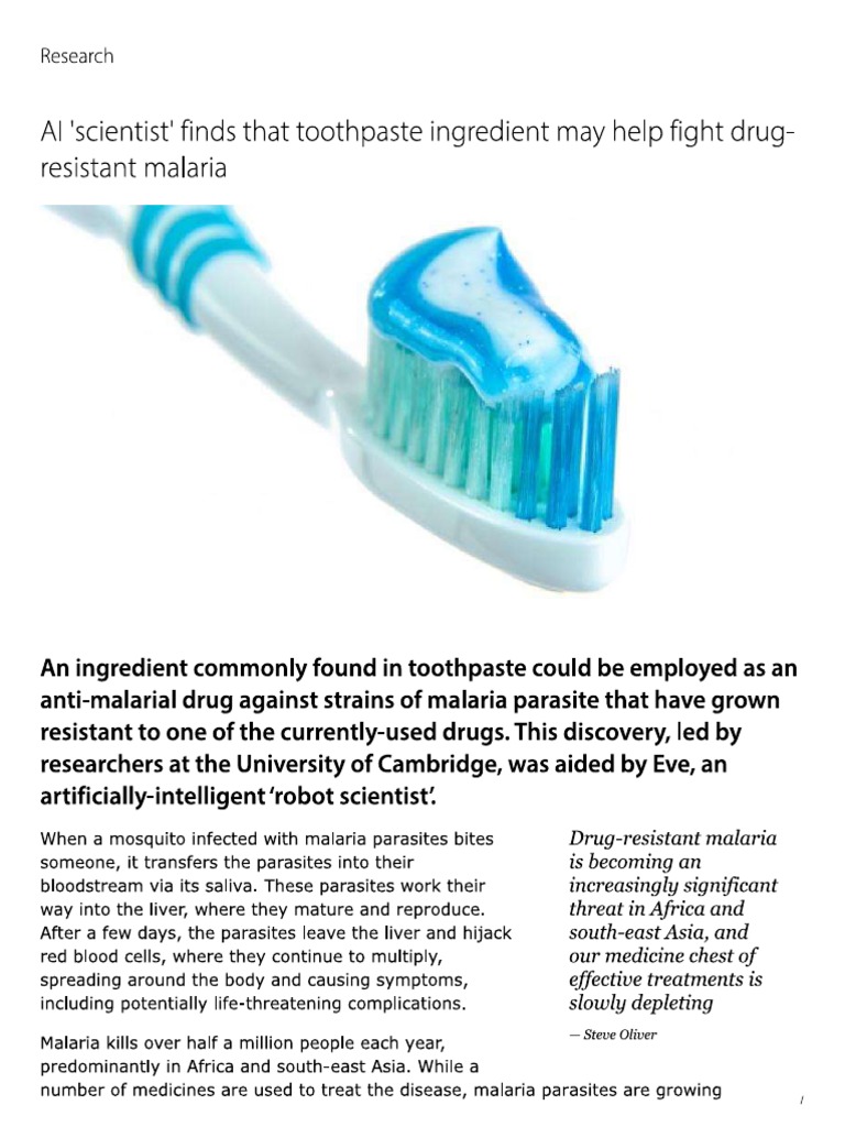 'AI 'Scientist' Finds That Toothpaste Ingredient May Help Fight DrugResistant Malaria