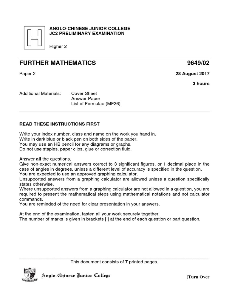 JC2 Further Math Exam Guide | PDF | Elevator | Statistics