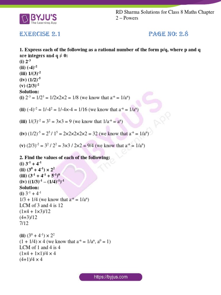 Class 8 Maths: Exponents Solutions | PDF | Numbers | Decimal