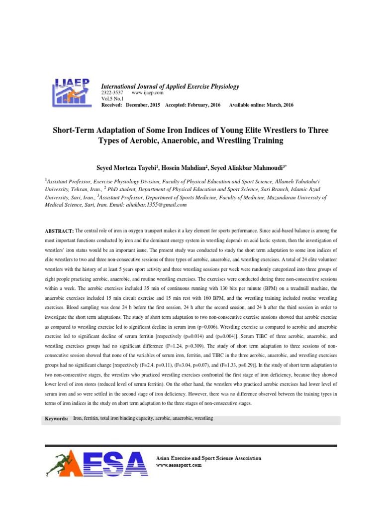 ShortTerm Adaptation of Some Iron Indices of Young Elite Wrestlers To