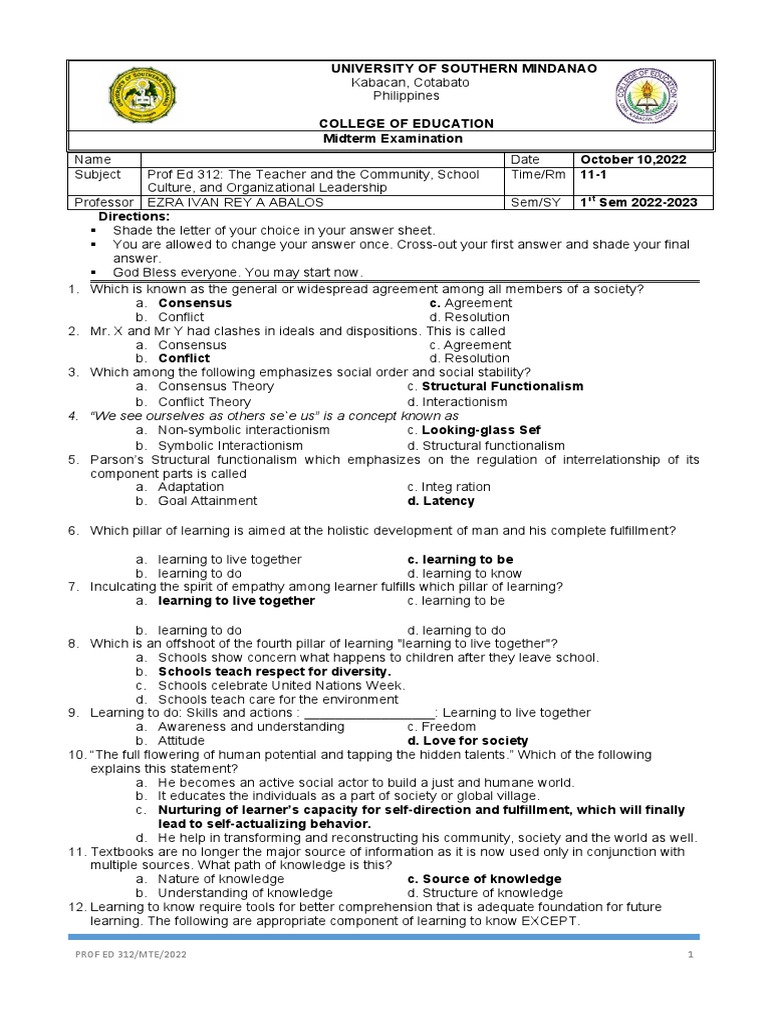 Midterm Exam: Teacher & Community Concepts | PDF | Teachers | Learning