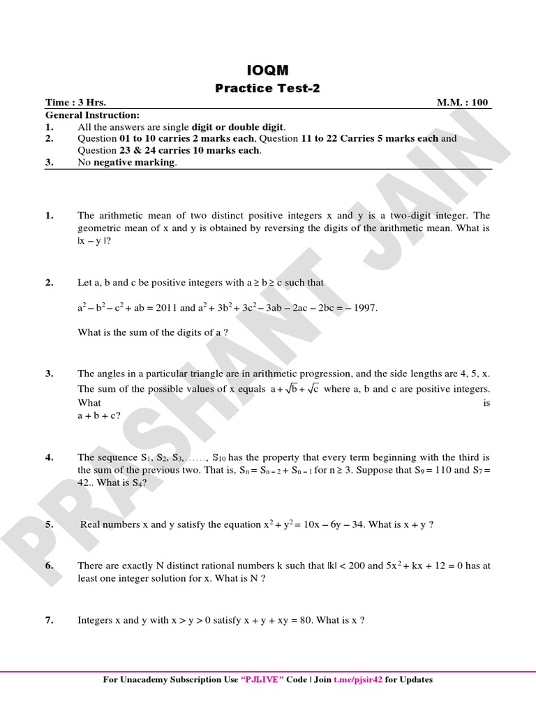 IOQM Practice Test 2 Questions | PDF | Numbers | Integer