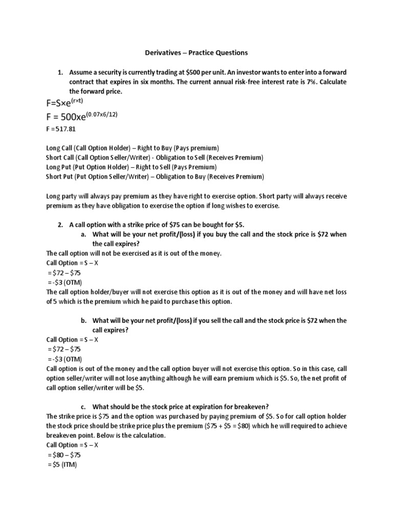 Derivatives - Practice Questions | PDF | Put Option | Option (Finance)
