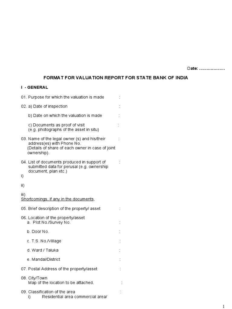 Valuation report format for state bank of india a comprehensive