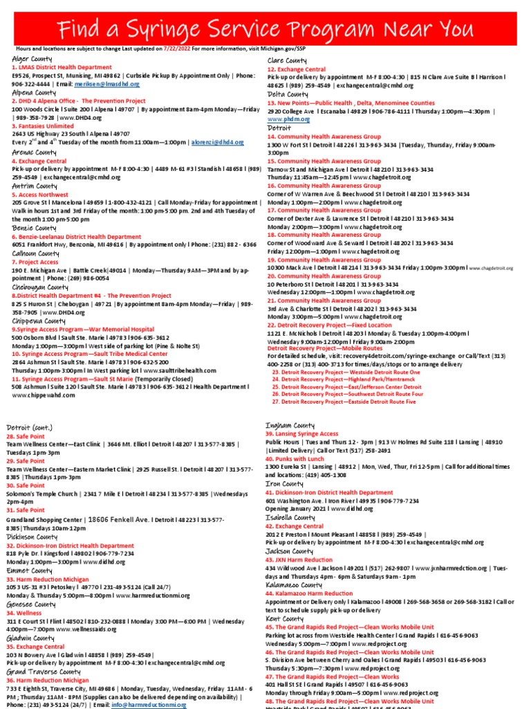 Michigan Syringe Service Programs List | PDF | Social Science | Wellness