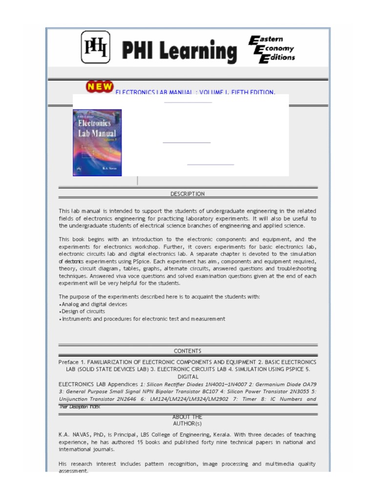 Electronics Lab Manual Volume I Fifth Edition by Navas K A Download