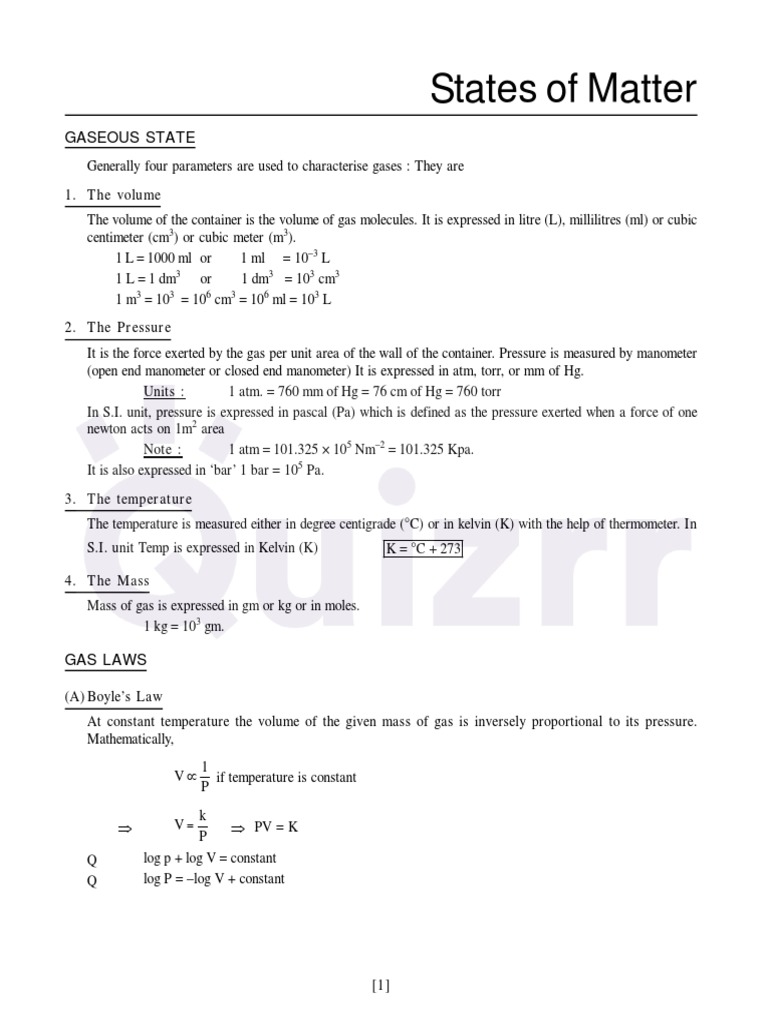 States of Matter Formula Sheet cbseinfinite PDF Gases Pressure