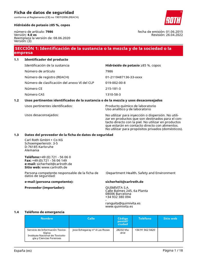 Ficha Tecnica y Hoja de Seguridad Hidroxido de Potasio PDF Residuos Quemar