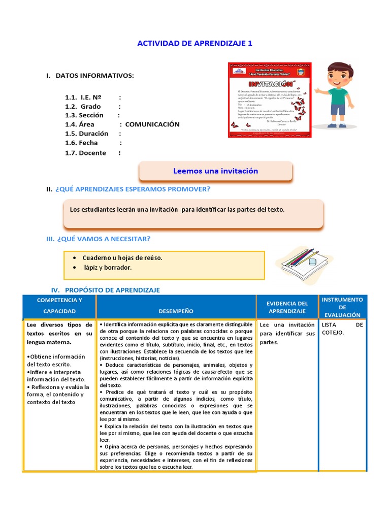 D1 A1 SESION Leemos Una Invitación, PDF, Evaluación