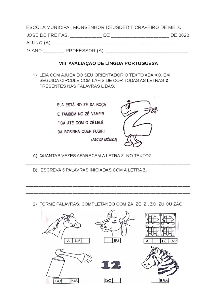 Prova de Língua Portuguesa do 1o ano avalia habilidades ortográficas e ...