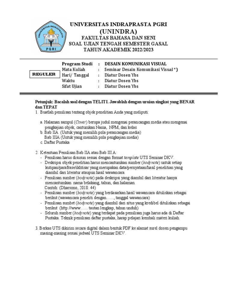 Soal Uts Seminar Dkv Reguler Diatur Dosen Ybs Pdf