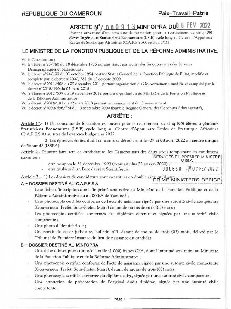 Concours I.S.E au CAPESA 2022 au Cameroun | PDF | Institutions sociales ...
