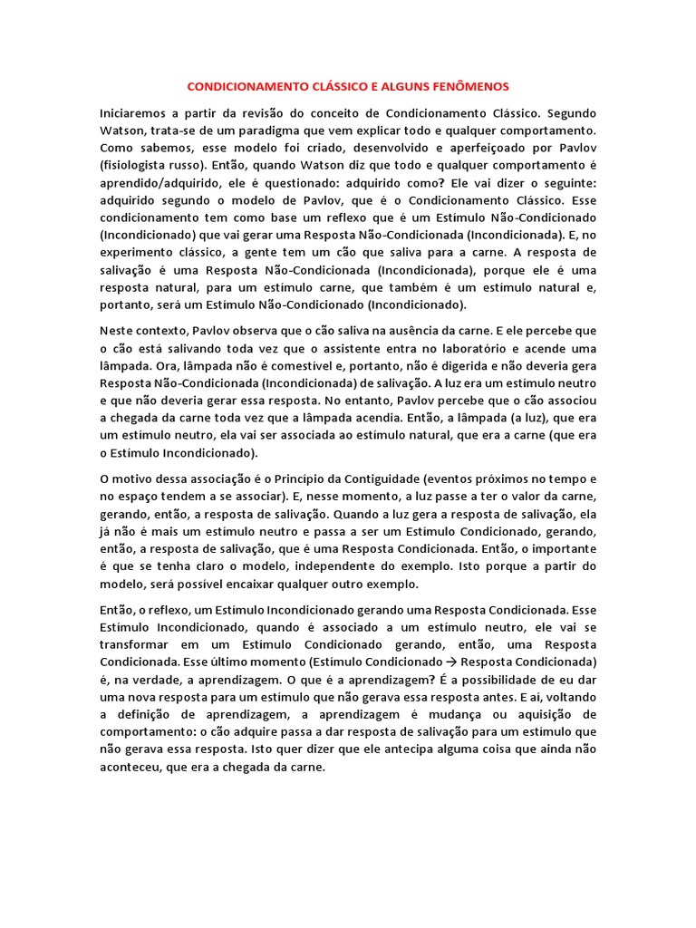 Condicionamento Clássico e Seus Fenômenos | PDF | Aprendizado ...