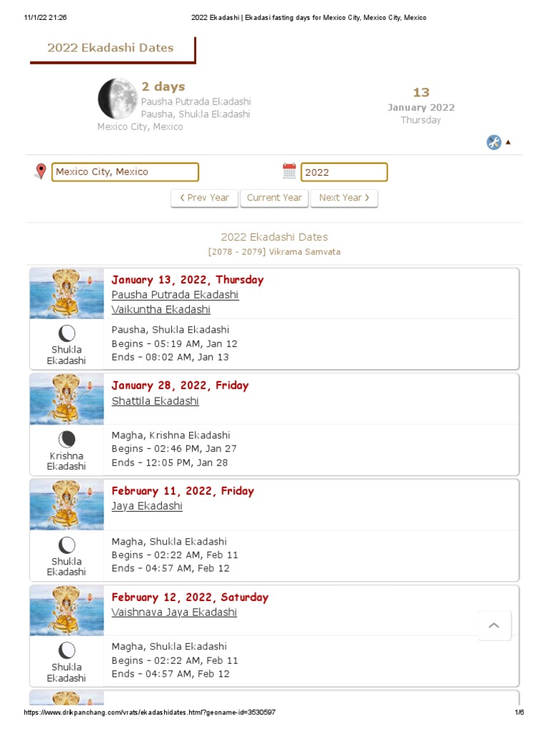 2022 Ekadashi Ekadasi Fasting Days For Mexico City, Mexico City
