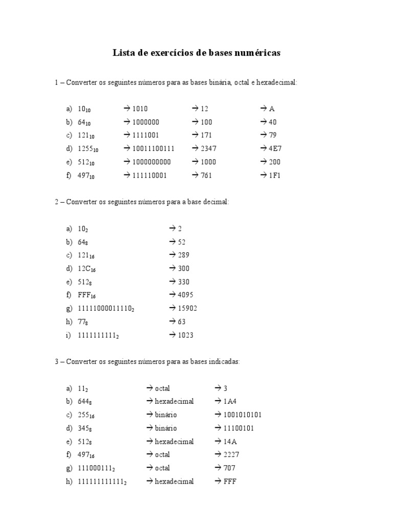 01 Exercicios Bases Numericas | PDF